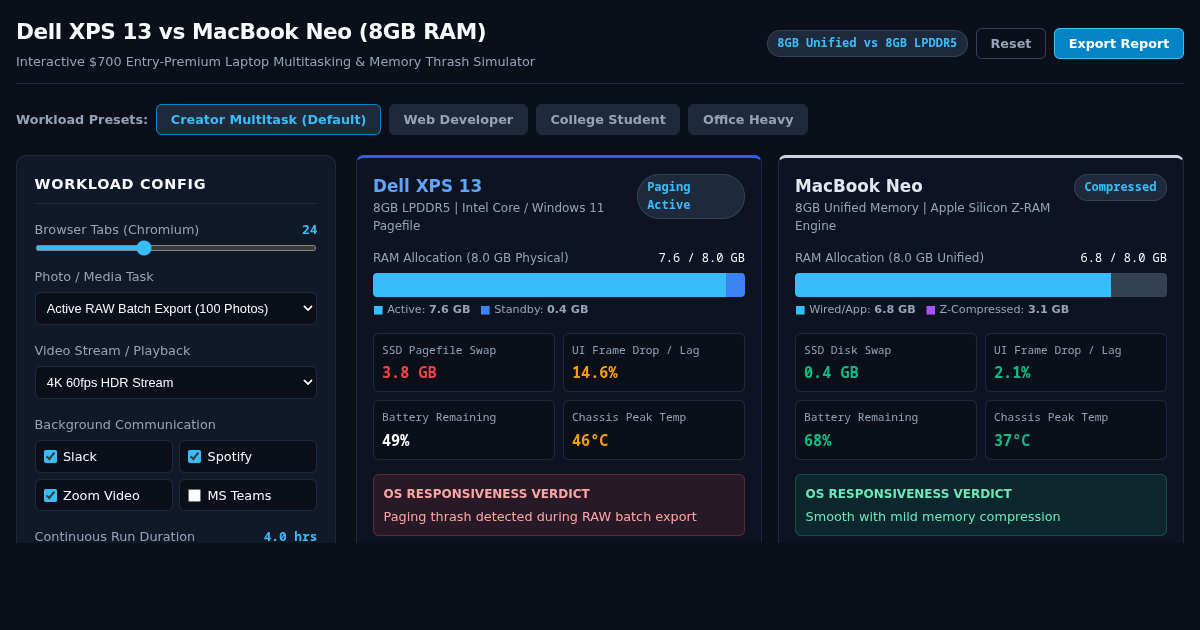 Dell XPS 13 vs MacBook Neo (8GB RAM): Laptop Workload Simulator preview