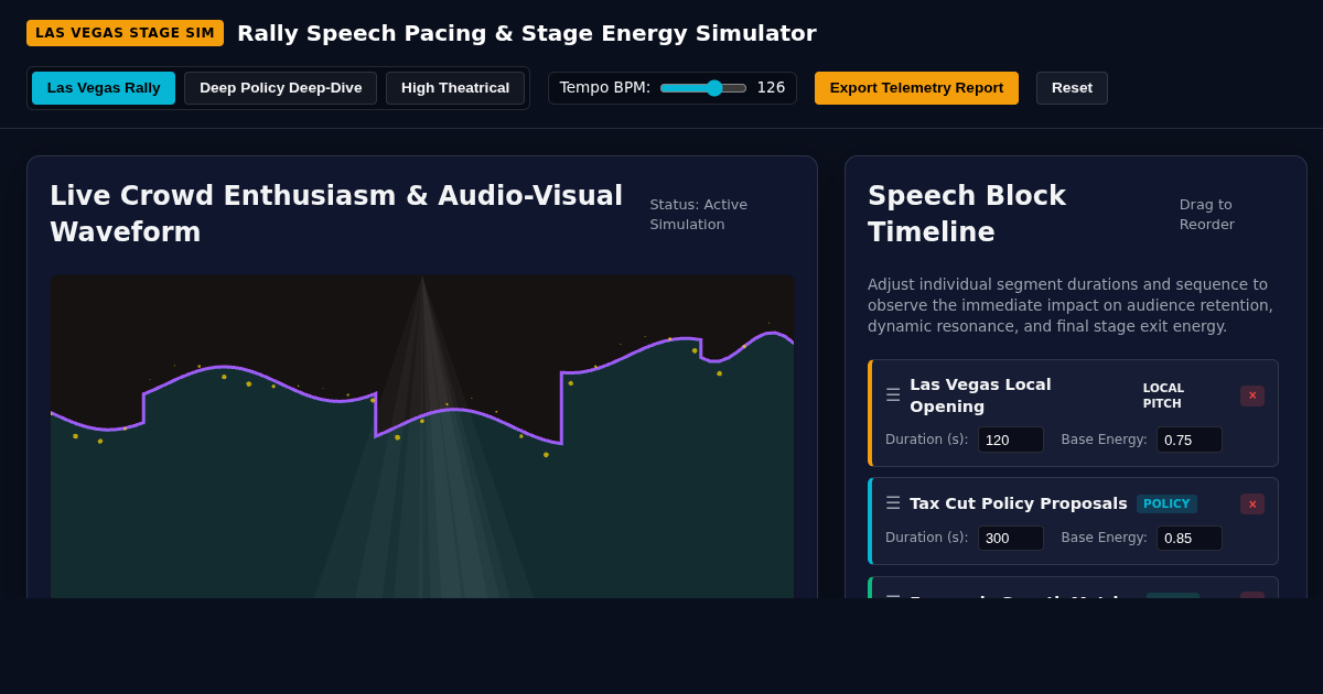 Las Vegas Rally Speech Pacing & Stage Energy Simulator preview
