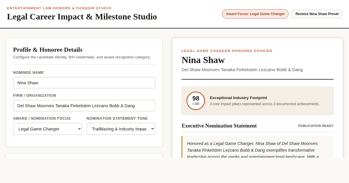 Legal Career Impact & Milestone Studio | Entertainment Law Dossier preview