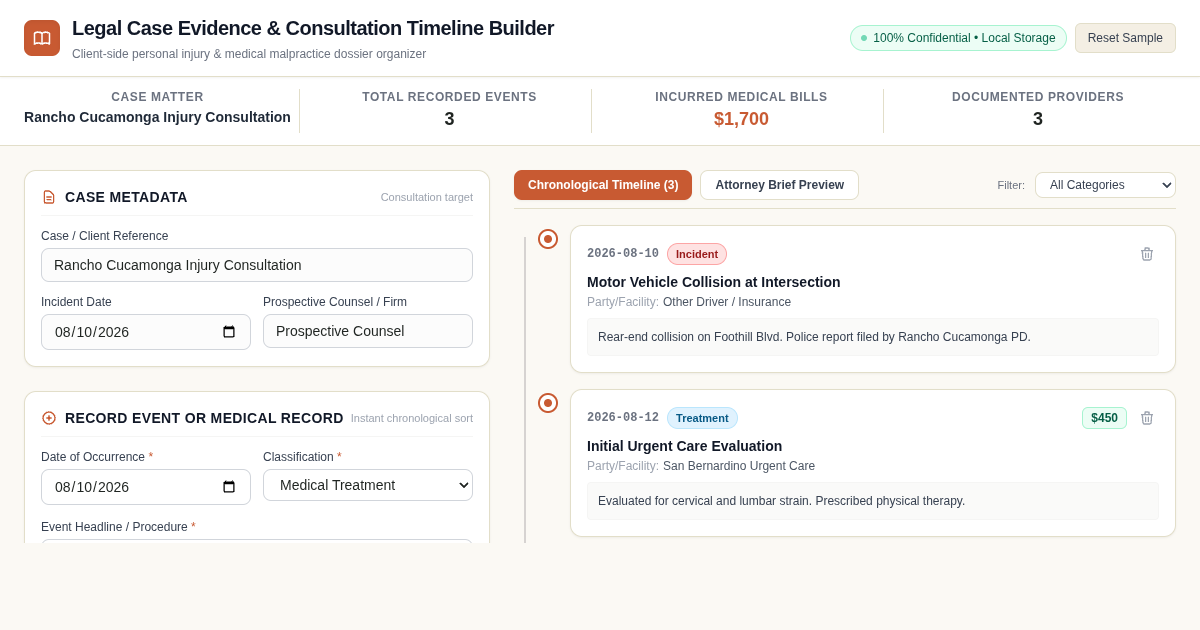 Legal Case Evidence & Consultation Timeline Builder preview