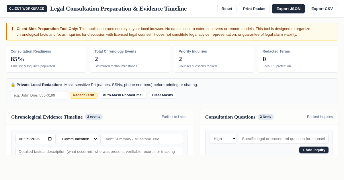 Legal Consultation Preparation & Evidence Timeline Builder preview
