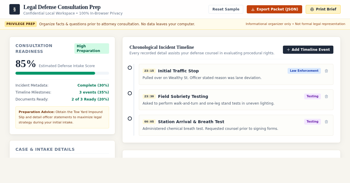 Legal Defense Consultation Prep & Evidence Timeline Builder preview