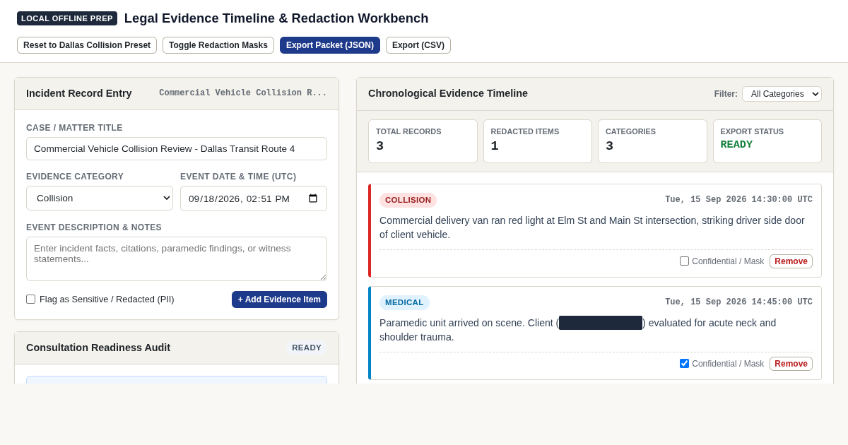 Legal Evidence Timeline & Redaction Workbench preview