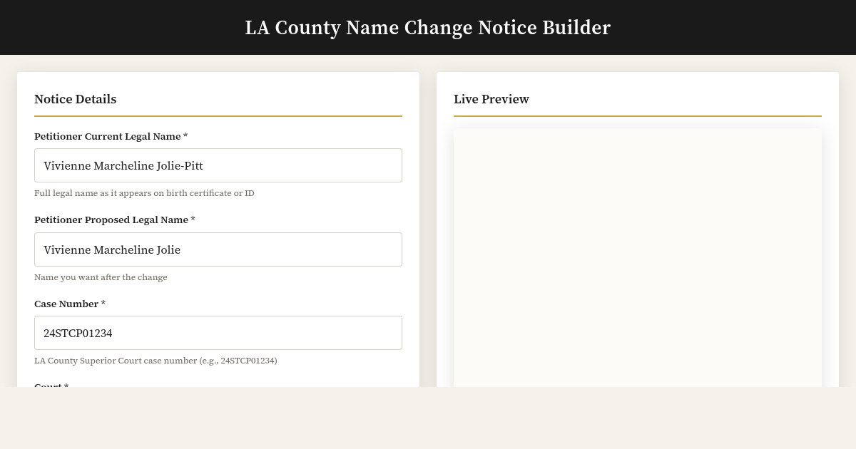 LA County Name Change Notice Builder preview
