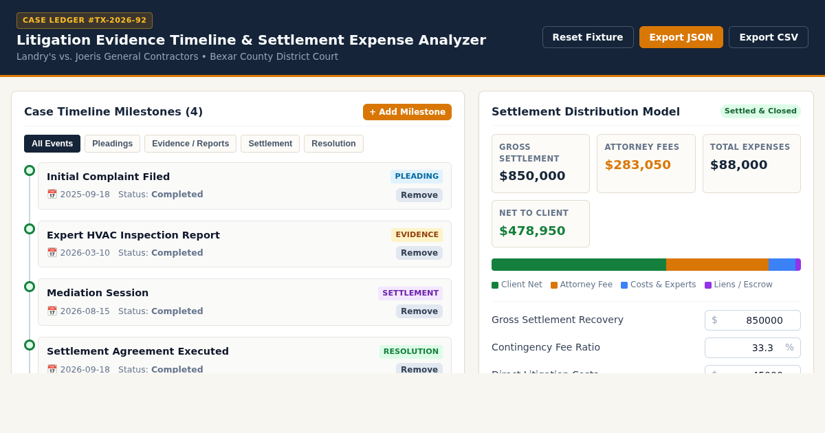 Litigation Evidence Timeline & Settlement Expense Analyzer preview