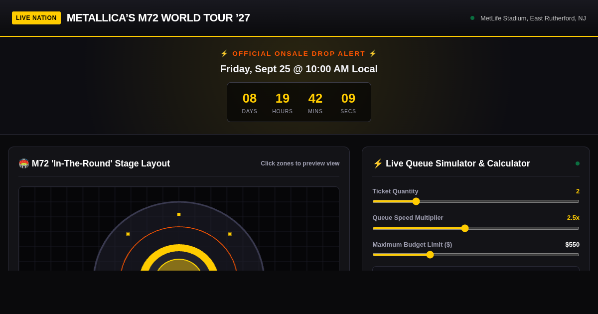 Live Nation M72 World Tour '27 Interactive Ticket Drop Planner & Stage Simulator preview