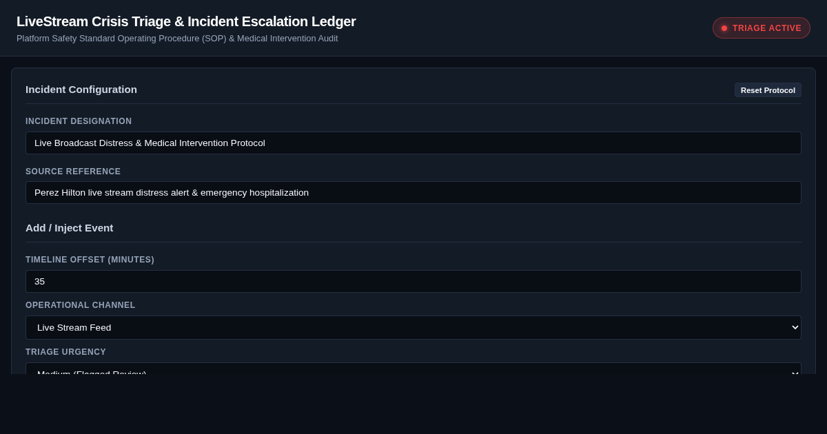 LiveStream Crisis Triage & Incident Escalation Ledger preview