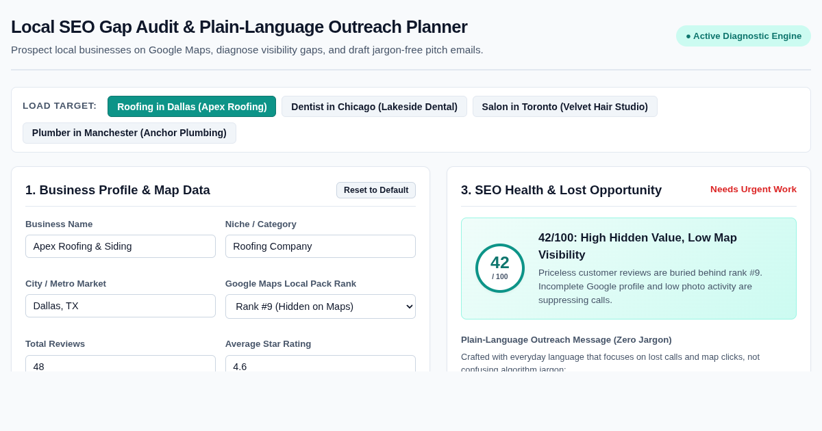 Local SEO Gap Audit & Plain-Language Outreach Planner preview