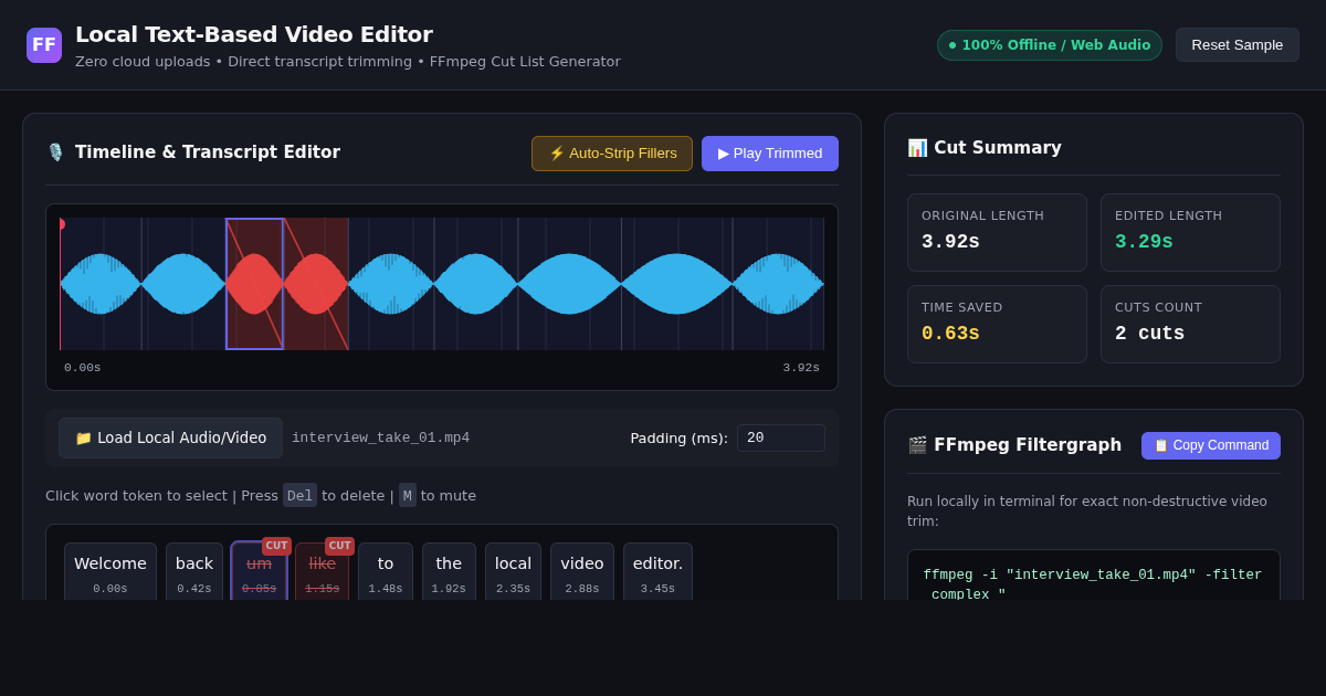 Local Text-Based Video Editor & FFmpeg Cut List Generator preview