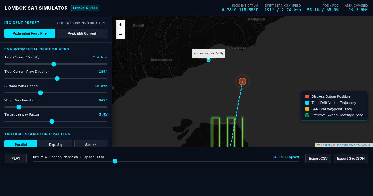 Lombok Strait Maritime SAR Drift & Search Pattern Simulator preview