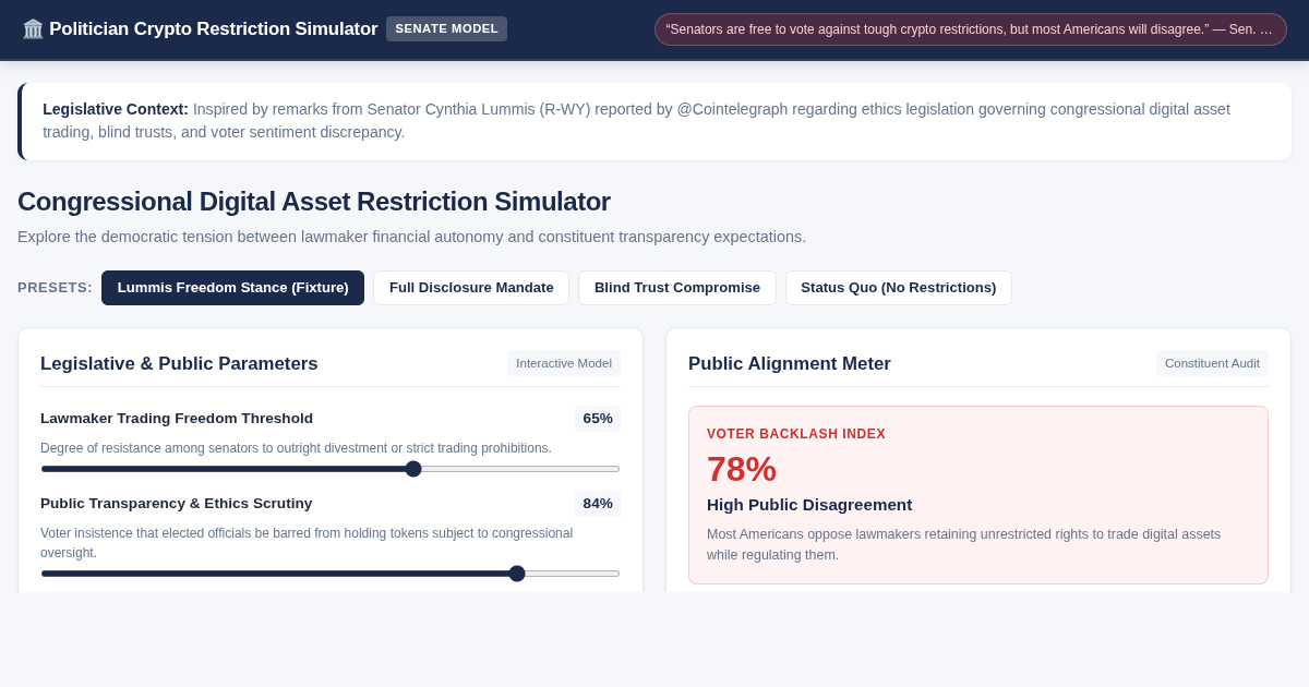 Politician Crypto Investment Restriction & Public Alignment Simulator preview