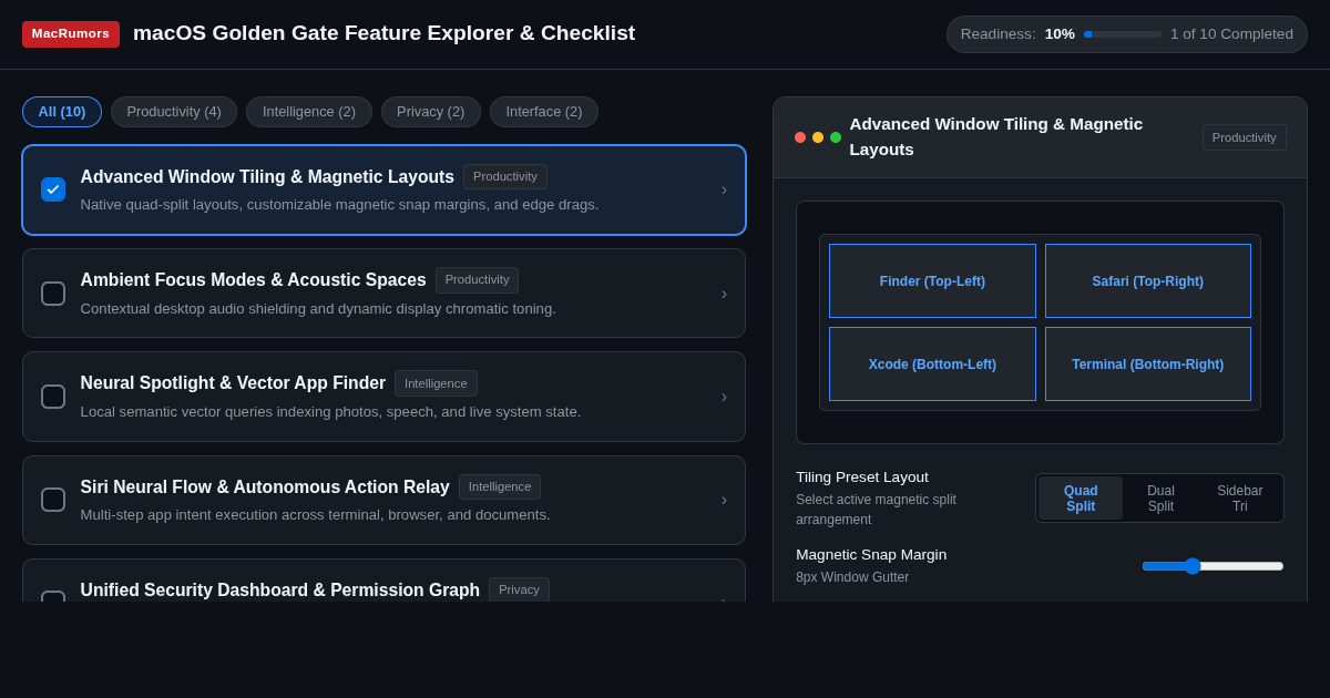 macOS Golden Gate Feature Explorer & Checklist preview