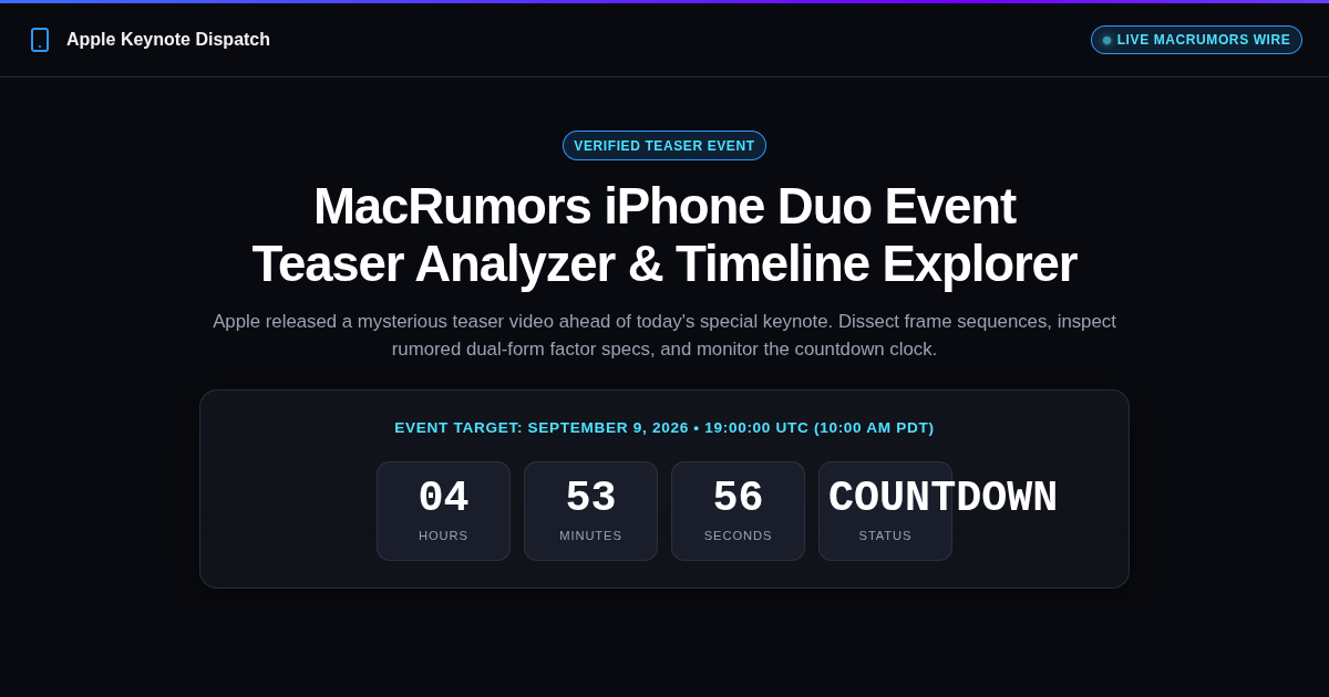 MacRumors iPhone Duo Event Teaser Analyzer & Timeline Explorer preview