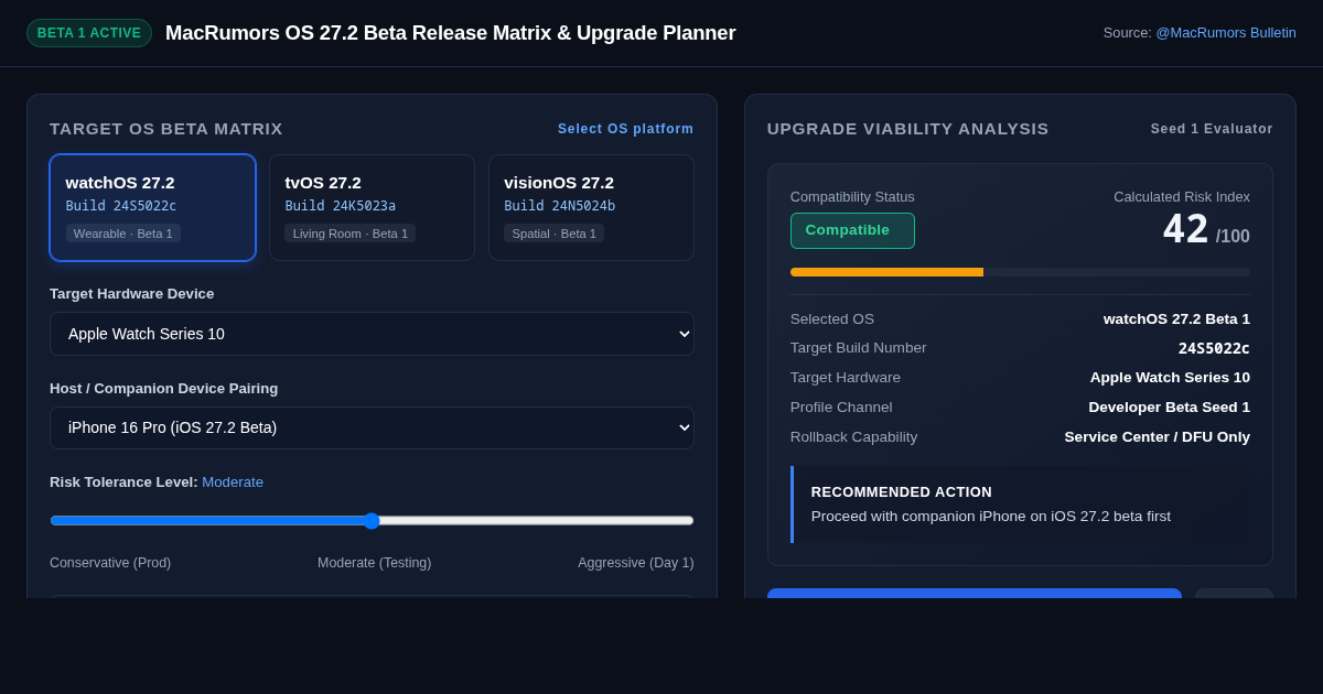MacRumors OS 27.2 Beta Release Matrix & Upgrade Planner preview