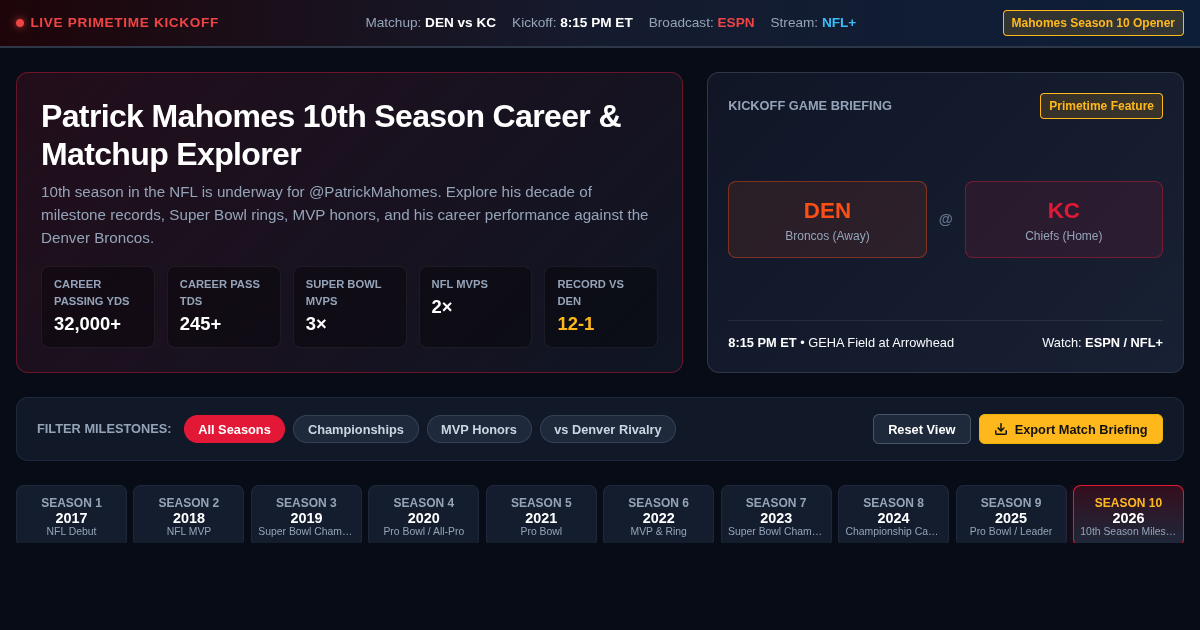 Patrick Mahomes 10th Season Career & Matchup Explorer | DEN vs KC preview