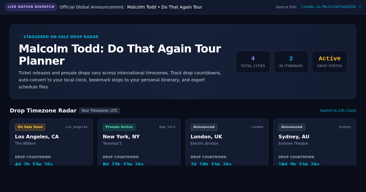 Malcolm Todd Do That Again Tour Global City Schedule & Ticket On-Sale Planner preview
