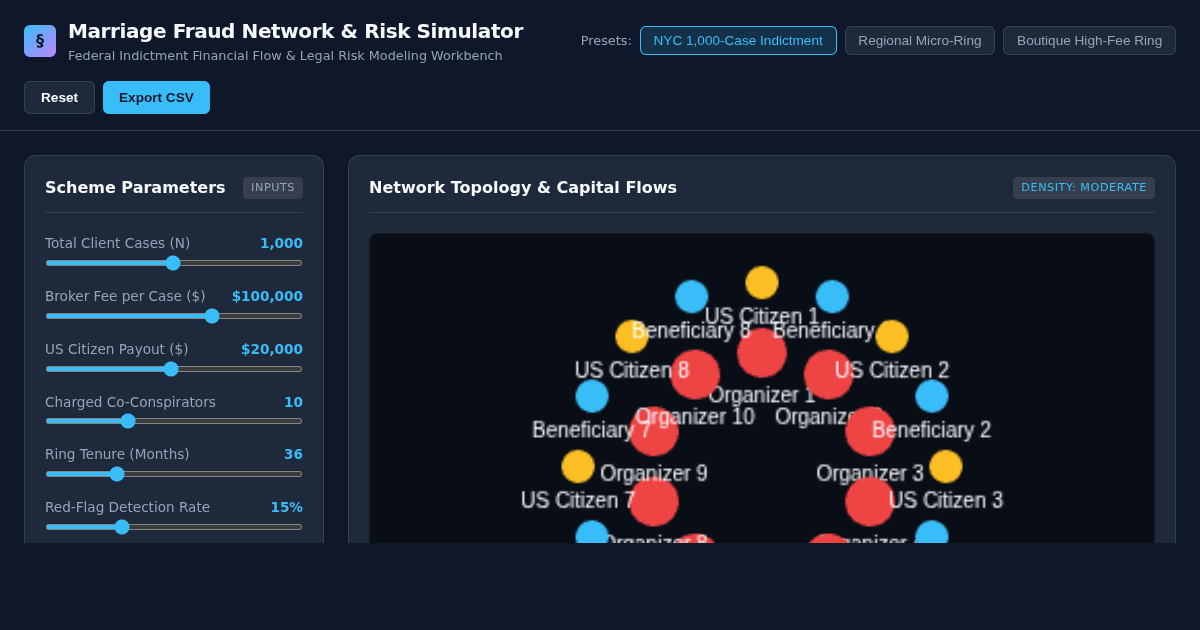 Marriage Fraud Network & Financial Risk Simulator preview