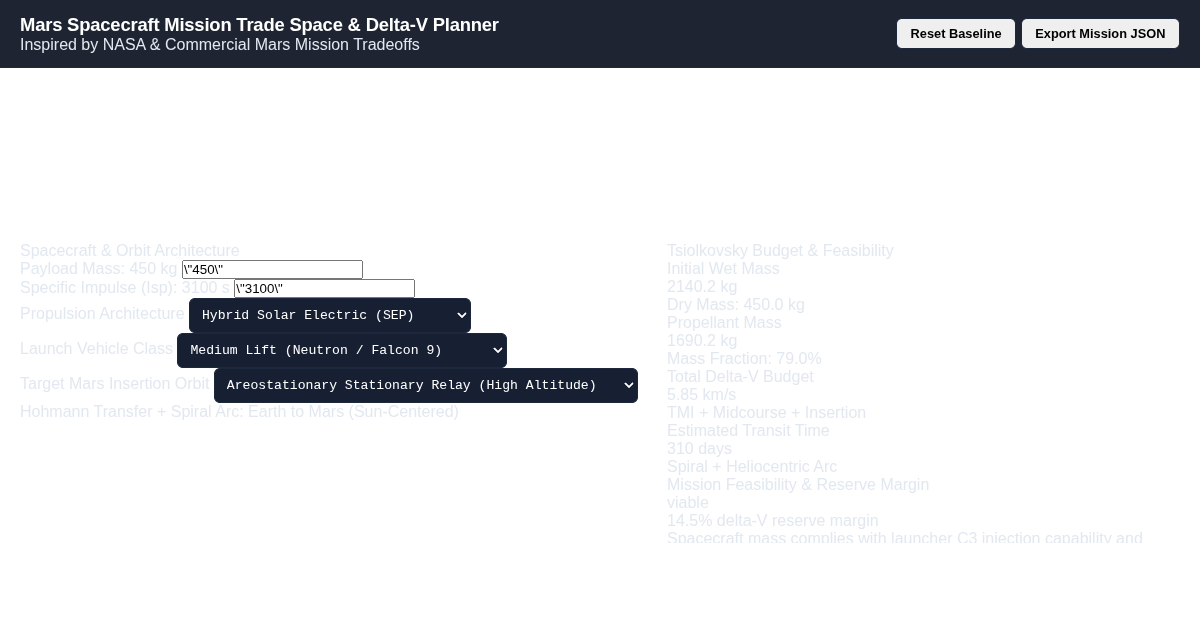 Mars Spacecraft Mission Trade Space & Delta-V Planner preview