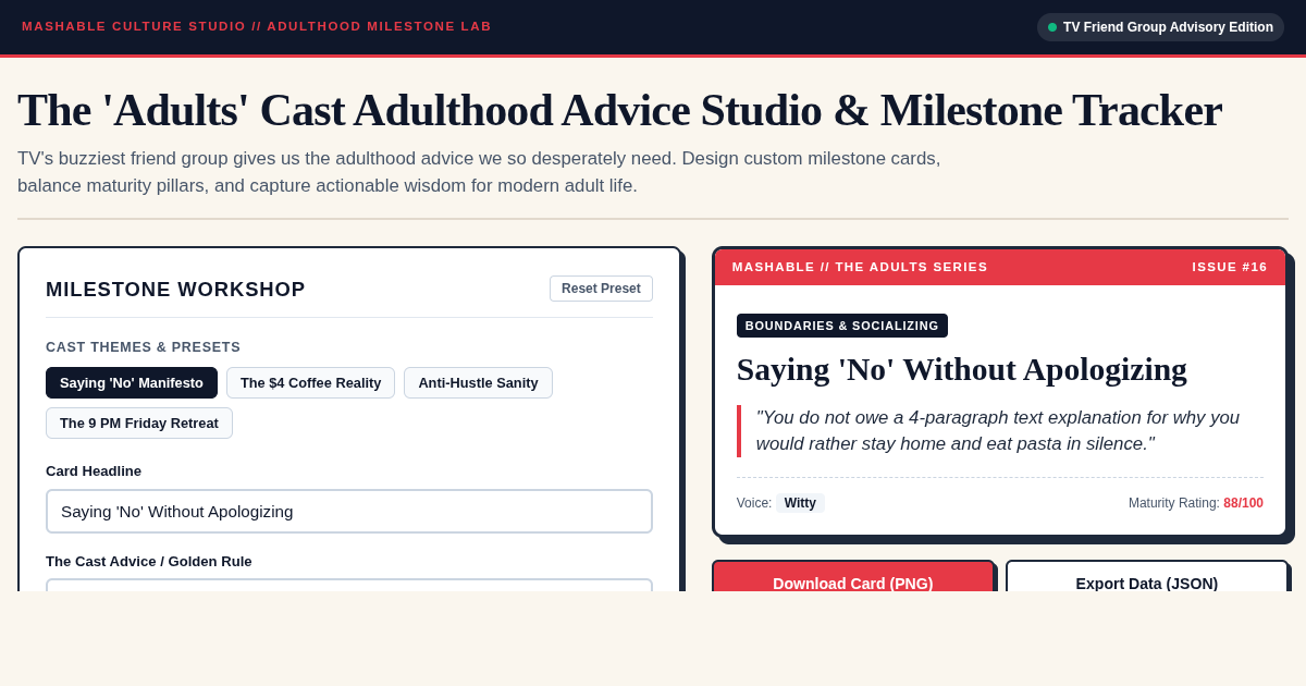Mashable Adults Advice Studio & Adulthood Milestone Tracker preview