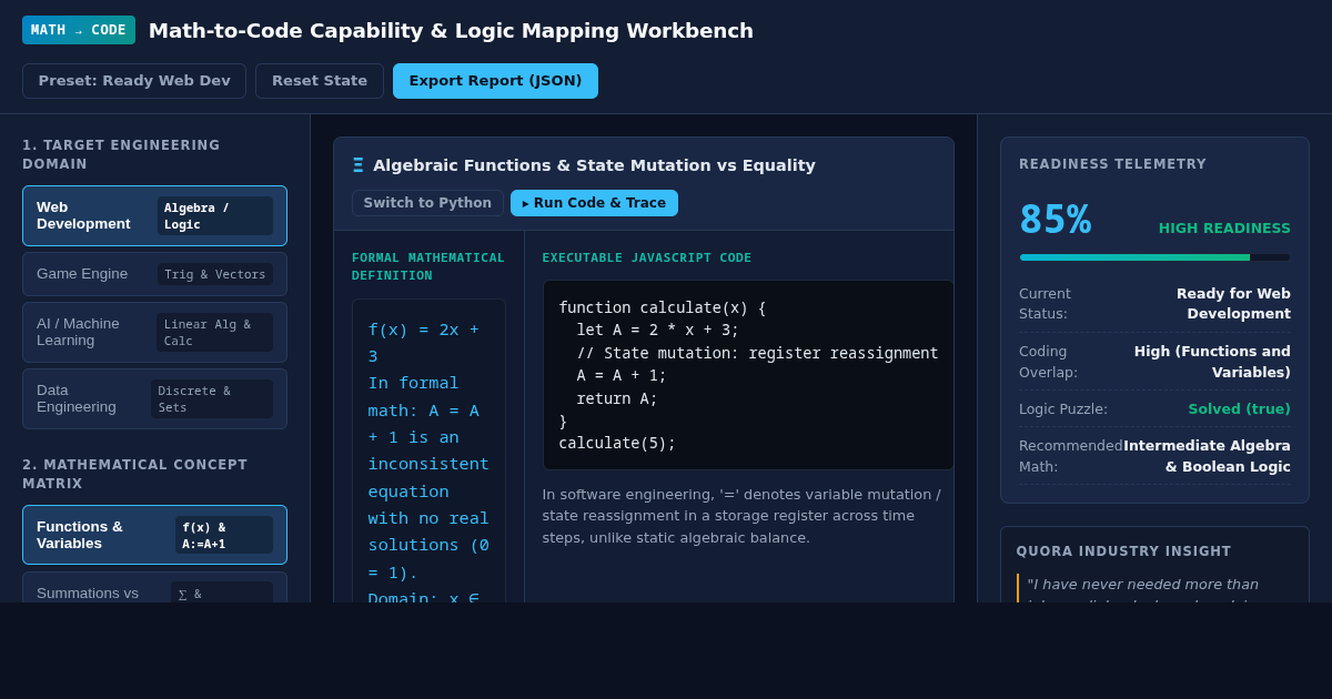 Math-to-Code Capability & Logic Mapping Workbench preview