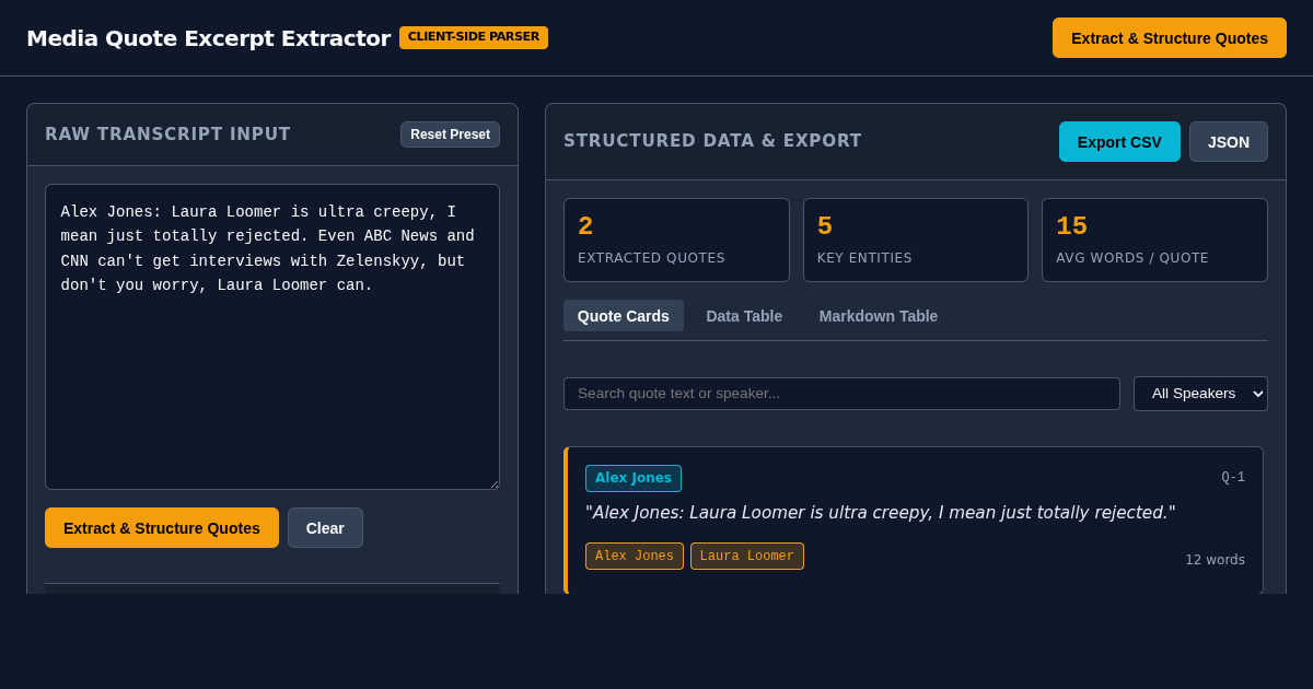 Media Quote Excerpt Extractor & CSV Cleaner preview