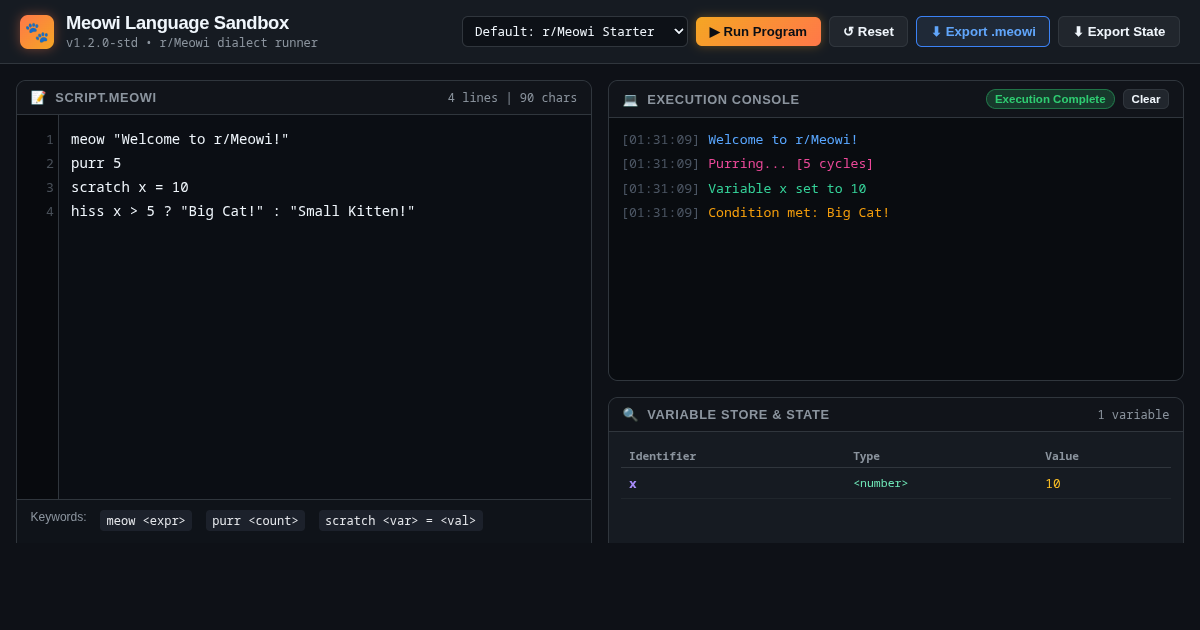 Meowi Language Sandbox | Interactive Compiler & IDE preview