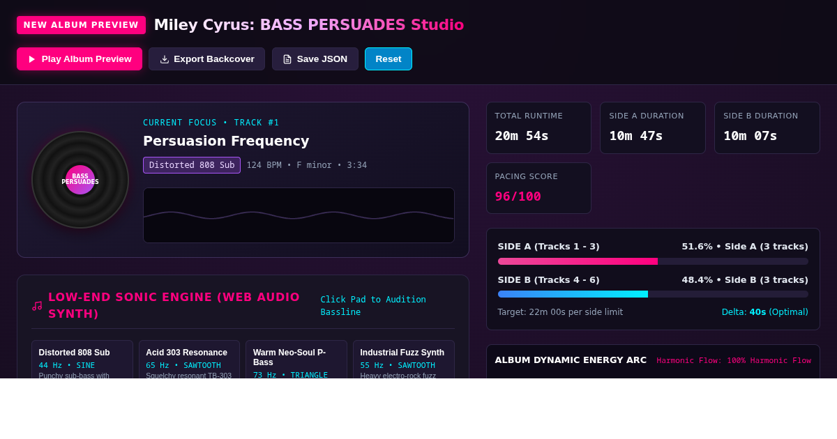 Miley Cyrus: BASS PERSUADES Album Tracklist & Sonic Flow Studio preview
