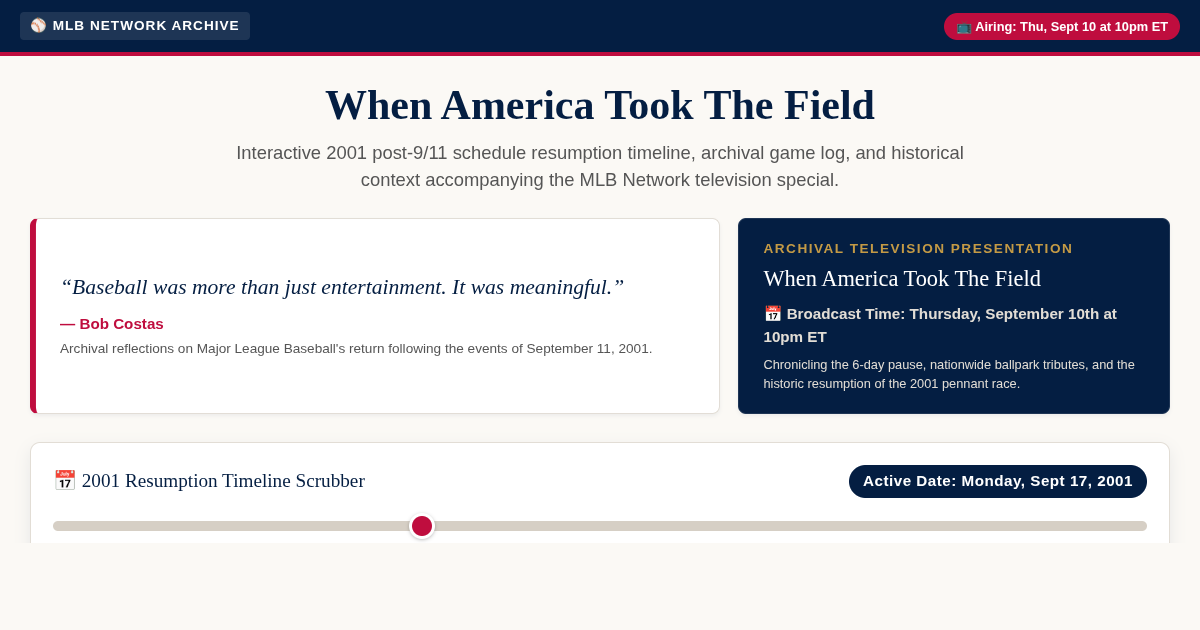 When America Took The Field: MLB 2001 Post-9/11 Timeline & Schedule Explorer preview