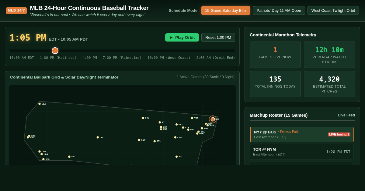 MLB 24-Hour Continuous Baseball Tracker | Day & Night Game Visualizer preview