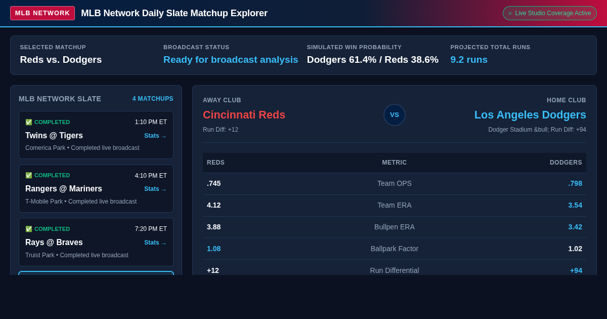MLB Network Daily Slate Matchup Explorer preview