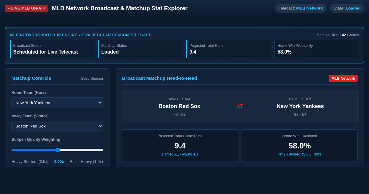 MLB Network Broadcast & Matchup Stat Explorer preview