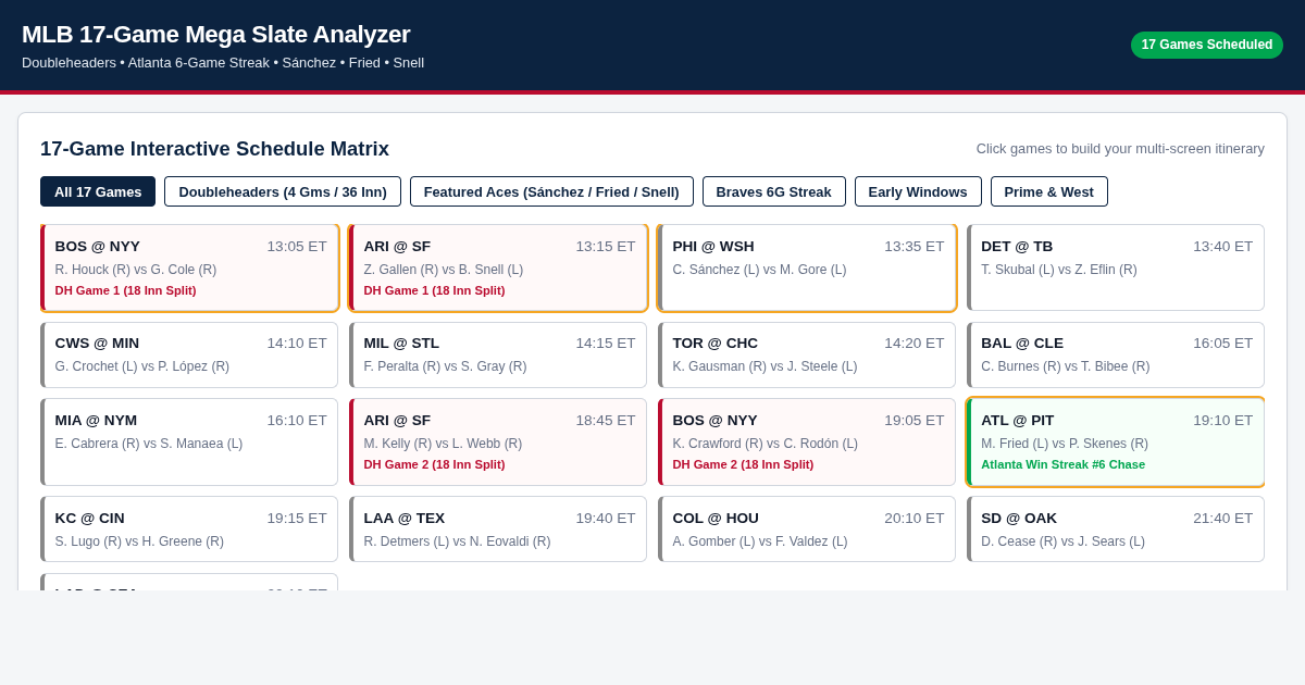 MLB 17-Game Mega Slate Analyzer & Pitcher Matchup Workbench preview