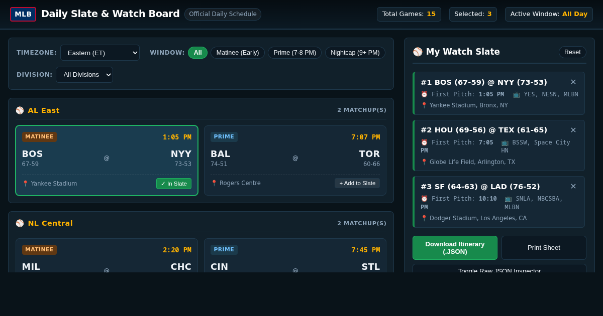 MLB Daily Slate & Matchup Schedule Board preview