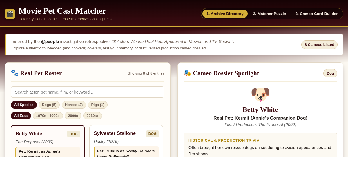 Movie Pet Cast Matcher and Trivia Explorer preview