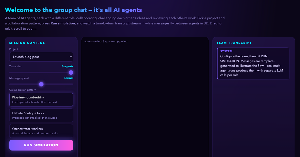 Multi-Agent Team Simulator - group chat, but it's all AI agents preview