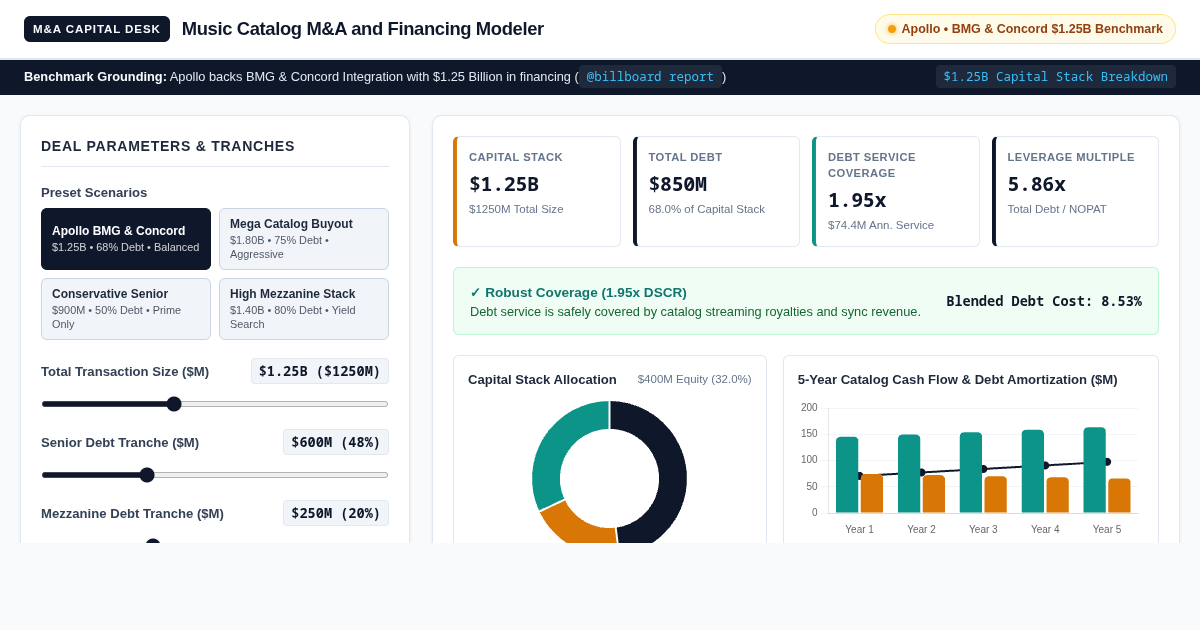 Music Catalog M&A and Financing Modeler | $1.25B Capital Stack preview