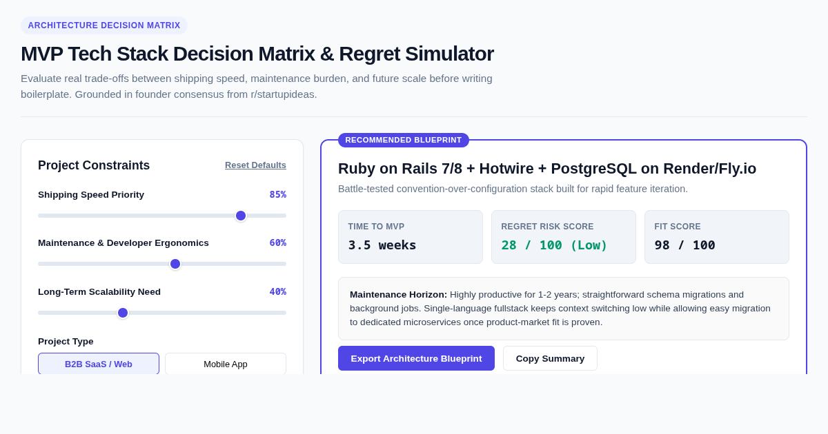 MVP Tech Stack Decision Matrix & Regret Simulator preview