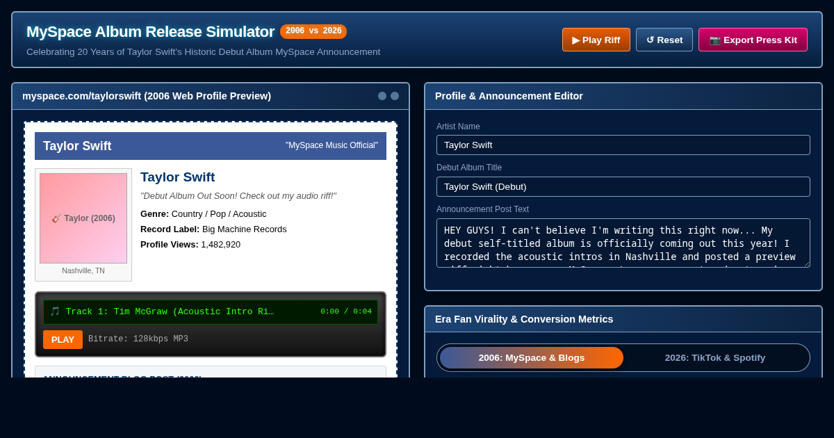 MySpace Debut Album Release Simulator (2006 vs Modern Rollout) preview