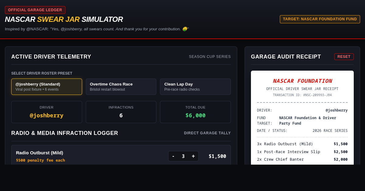 NASCAR Josh Berry Contribution Tally & Swear Jar Simulator preview
