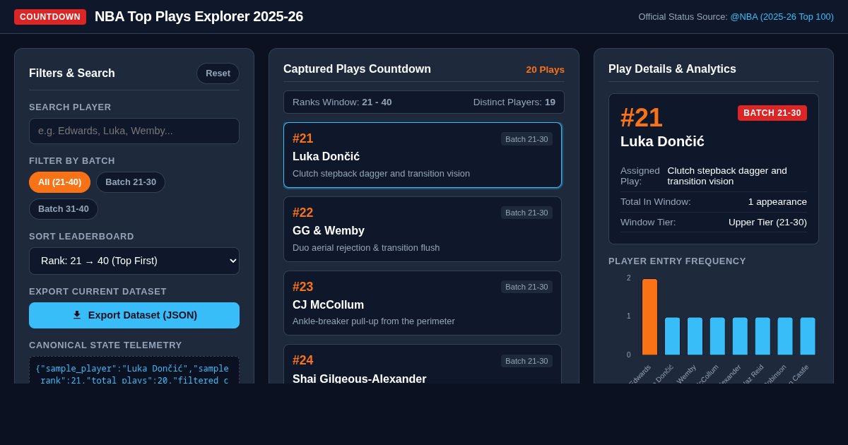 NBA Top Plays Explorer 2025-26 (Ranks 21-40) preview