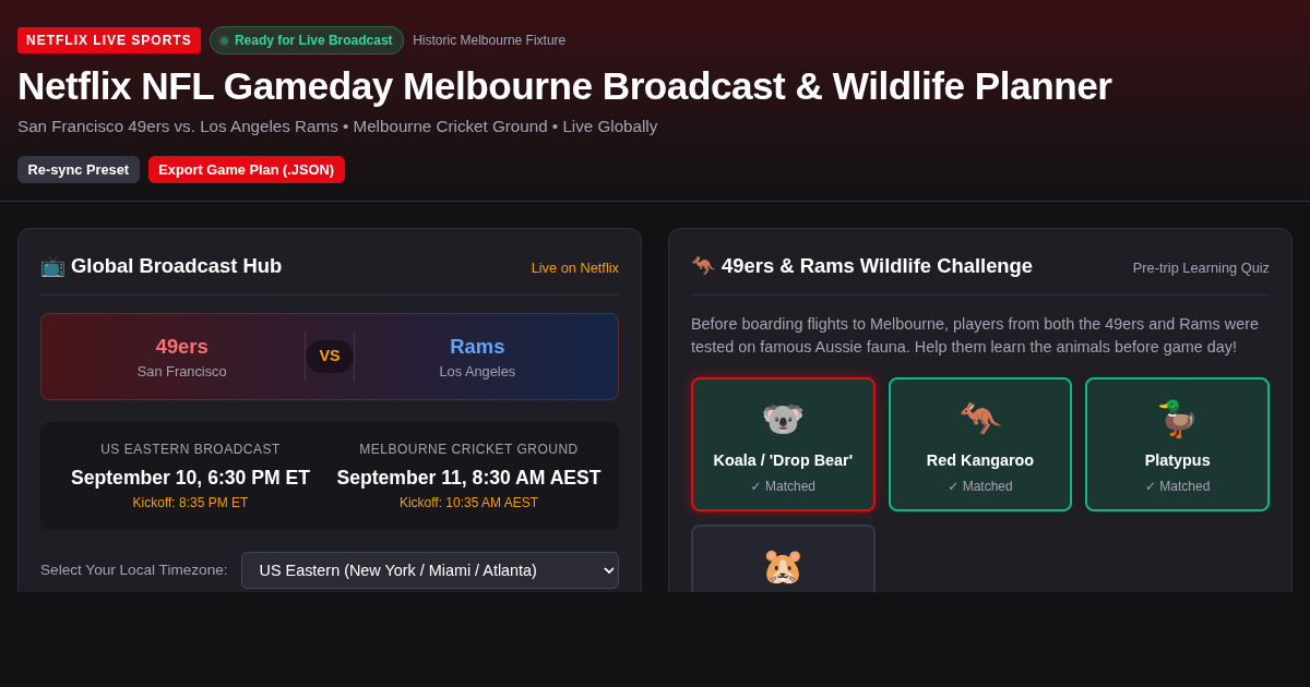 Netflix NFL Gameday Melbourne Wildlife & Broadcast Schedule Planner preview