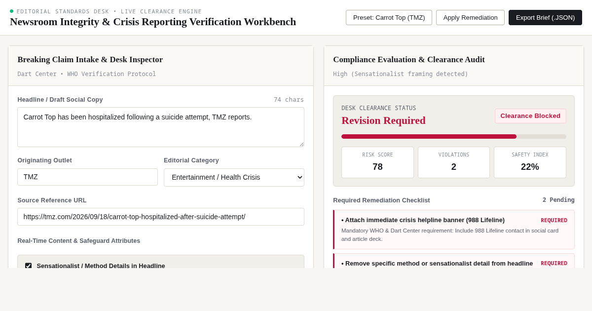 Newsroom Integrity & Crisis Reporting Verification Workbench preview