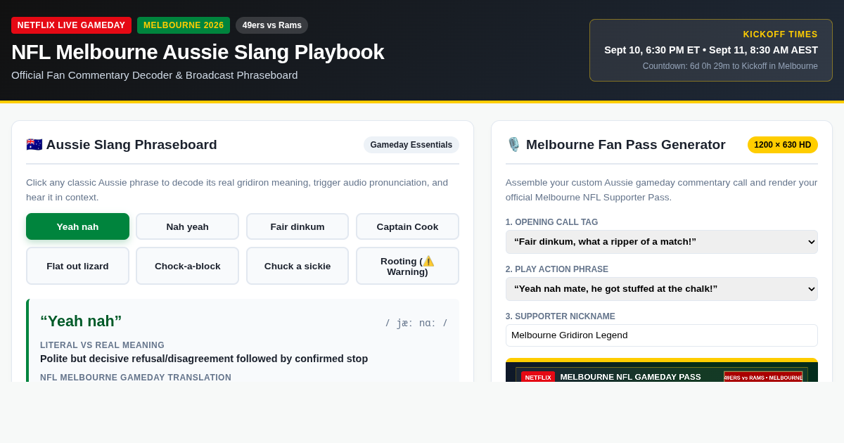 NFL Melbourne Gameday Aussie Slang Playbook & Broadcast Decoder preview