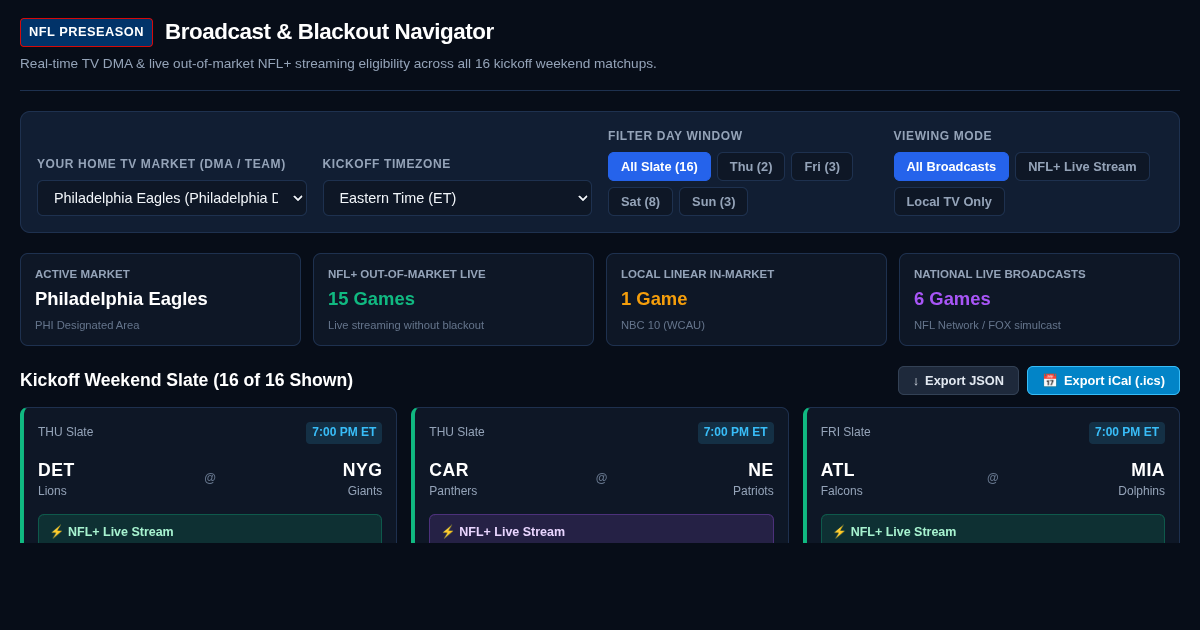 NFL Preseason Broadcast & Blackout Navigator preview