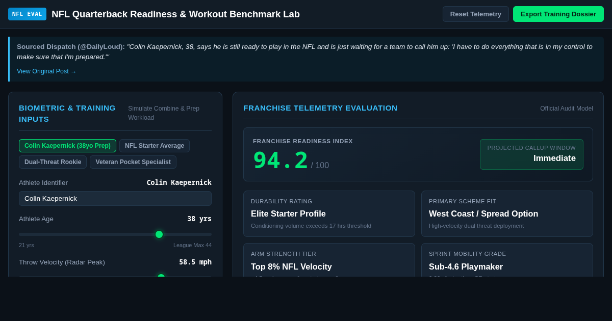 NFL Quarterback Readiness & Workout Benchmark Lab preview