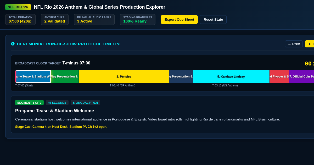 NFL Rio 2026 Anthem & Global Series Production Explorer preview