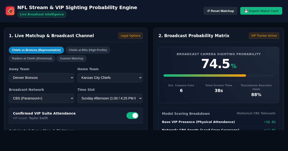 NFL Stream Finder & Swift Sighting Odds Calculator preview