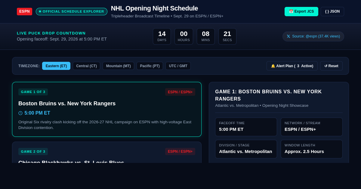NHL Opening Night Schedule & Broadcast Timeline Explorer preview