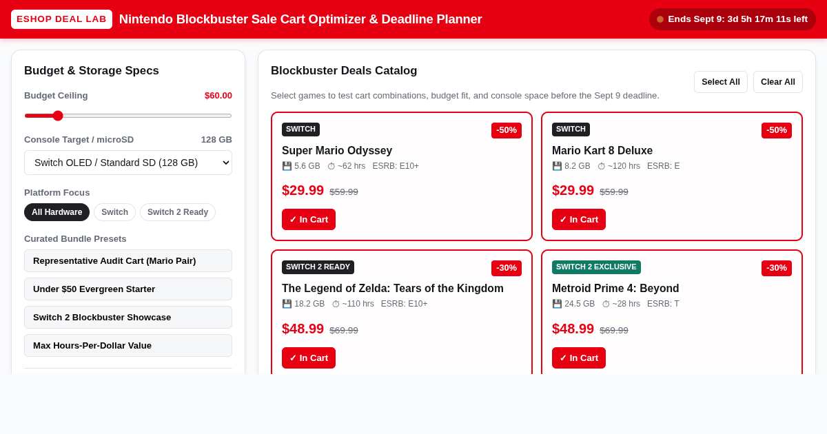 Nintendo Blockbuster Sale Cart Optimizer & Deadline Planner preview