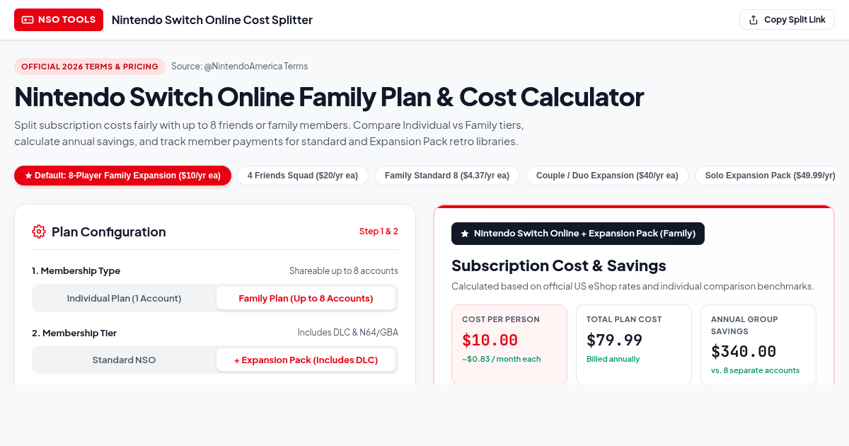 Nintendo Switch Online Family Plan & Cost Calculator preview